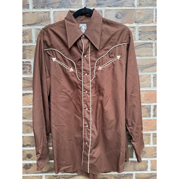 Karman‎ Vintage Mens Western Shirt Brown Long Sleeve Cowboy Rodeo Pearl Snap L - Picture 2 of 4
